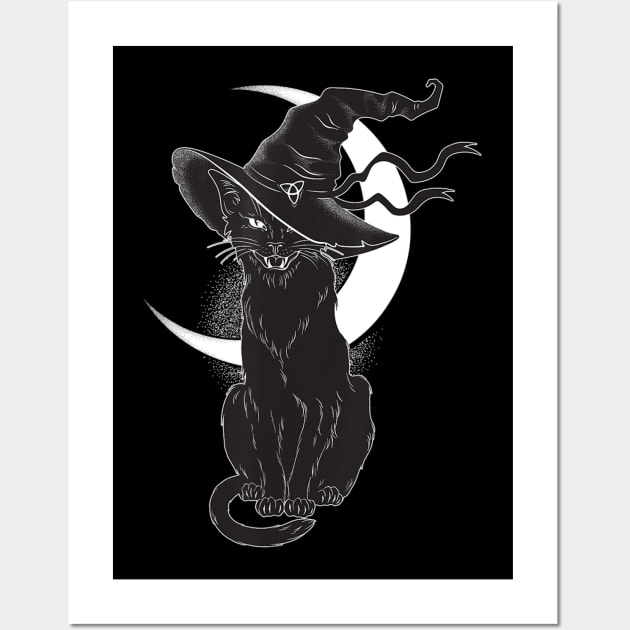 Vintage Scary Halloween Black Cat Costume Witch Hat Moon Wall Art by MarrinerAlex